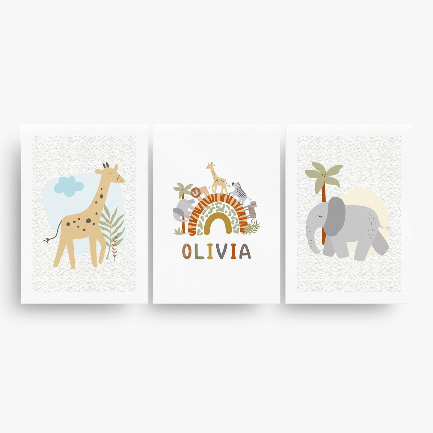 BABY SAFARI SET OF THREE PERSONALISED ART PRINTS
