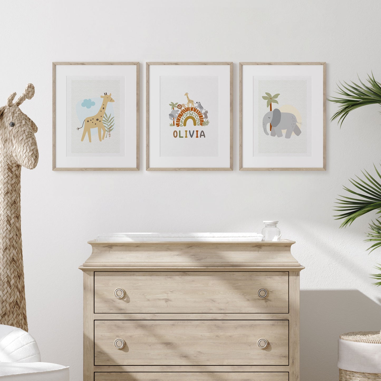BABY SAFARI SET OF THREE PERSONALISED ART PRINTS