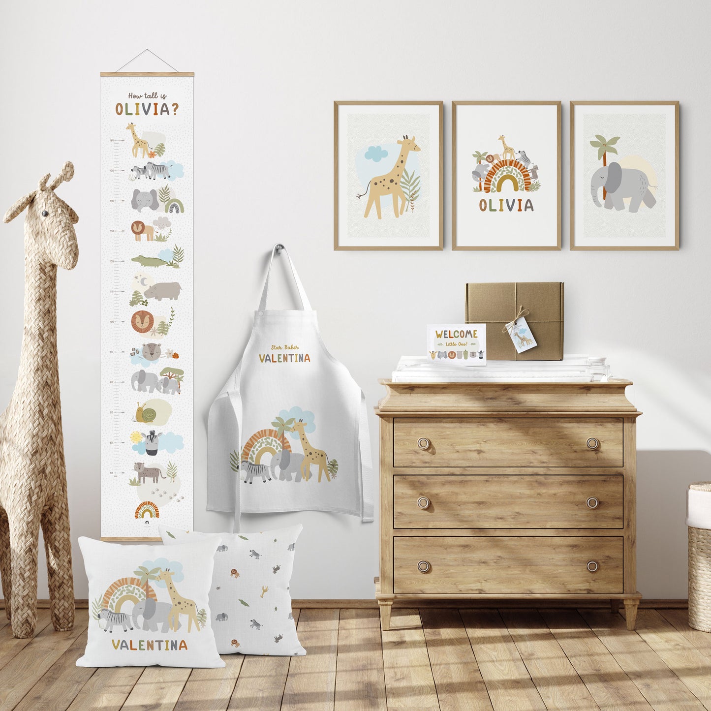 BABY SAFARI SET OF THREE PERSONALISED ART PRINTS