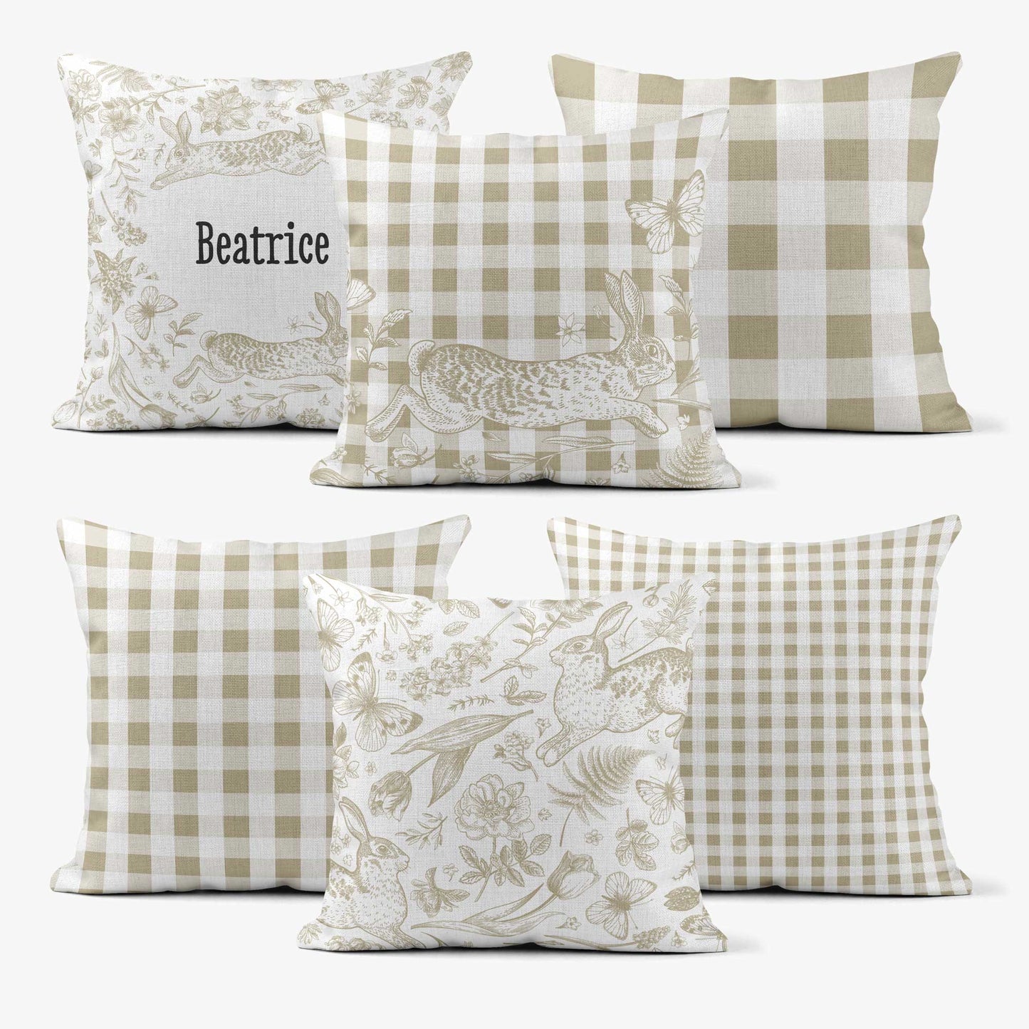 BUNNIES & BUTTERFLIES LARGE CHECK GINGHAM SCATTER CUSHION