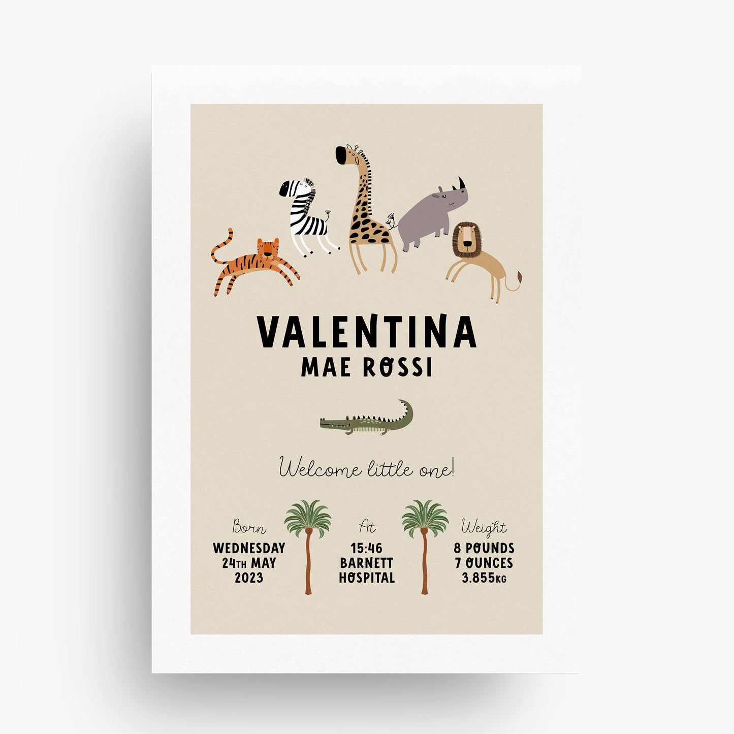 CUTE SAFARI ANIMALS PERSONALISED BIRTH PRINT