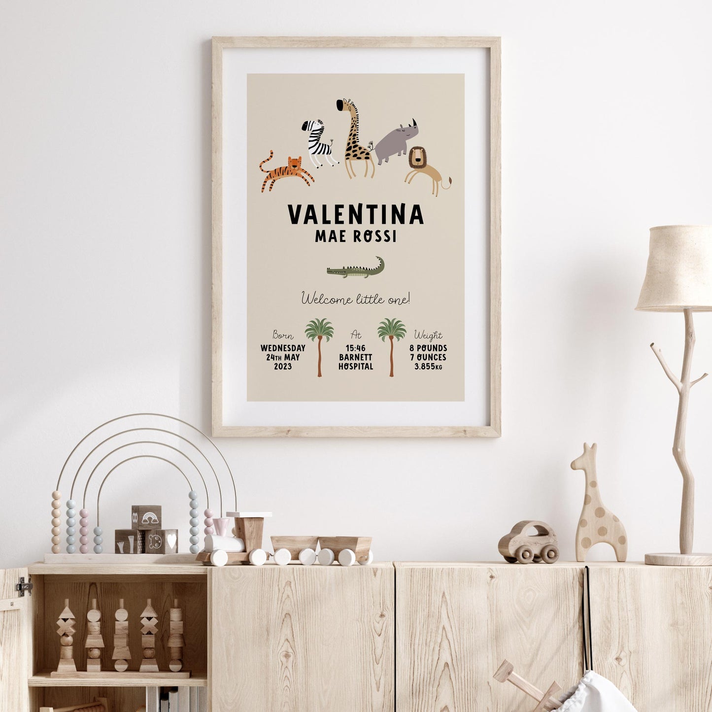 CUTE SAFARI ANIMALS PERSONALISED BIRTH PRINT