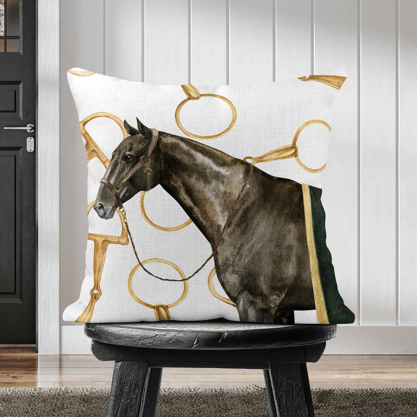 EQUESTRIAN BROWN HORSE SCATTER CUSHION - WHITE