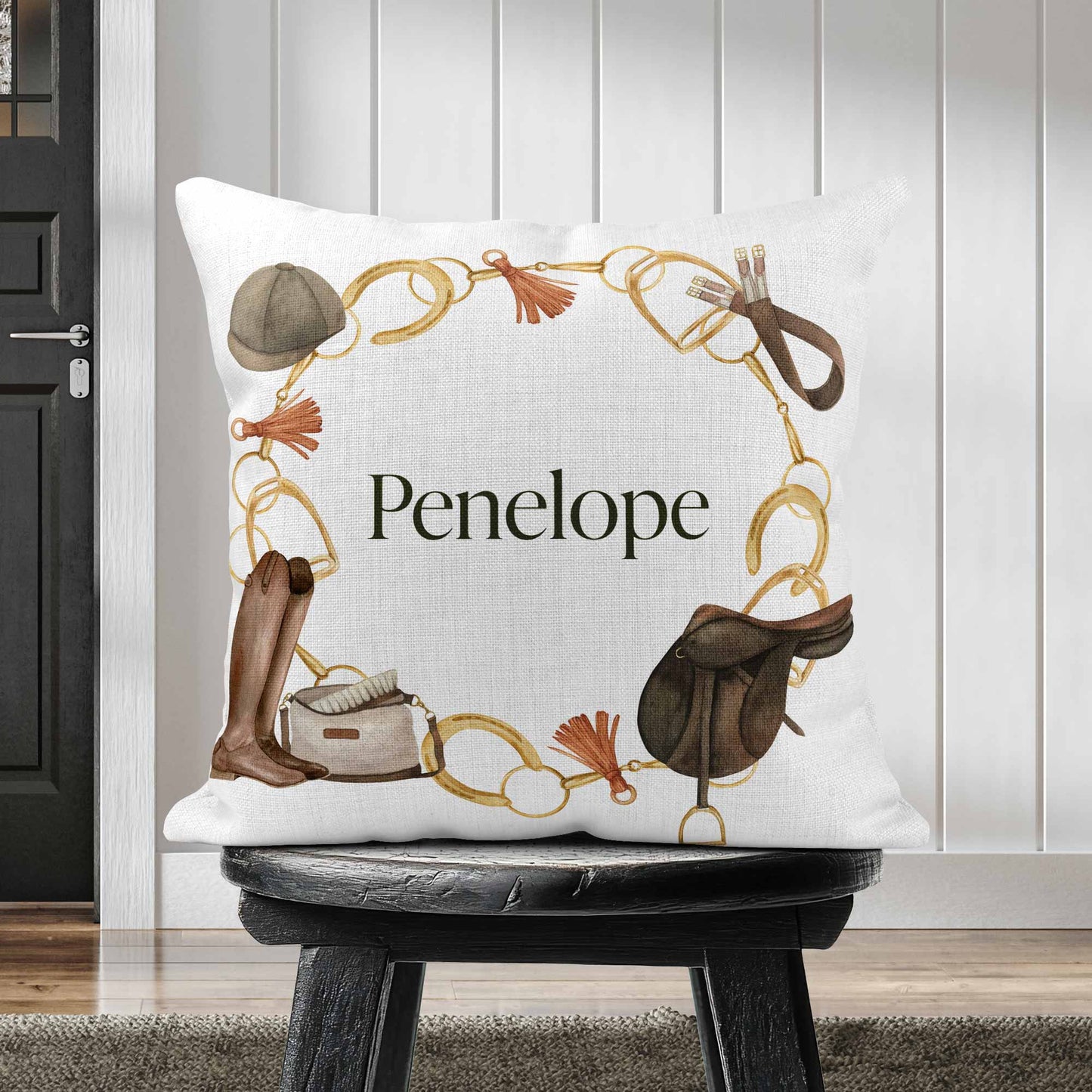 EQUESTRIAN PERSONALISED SCATTER CUSHION - WHITE