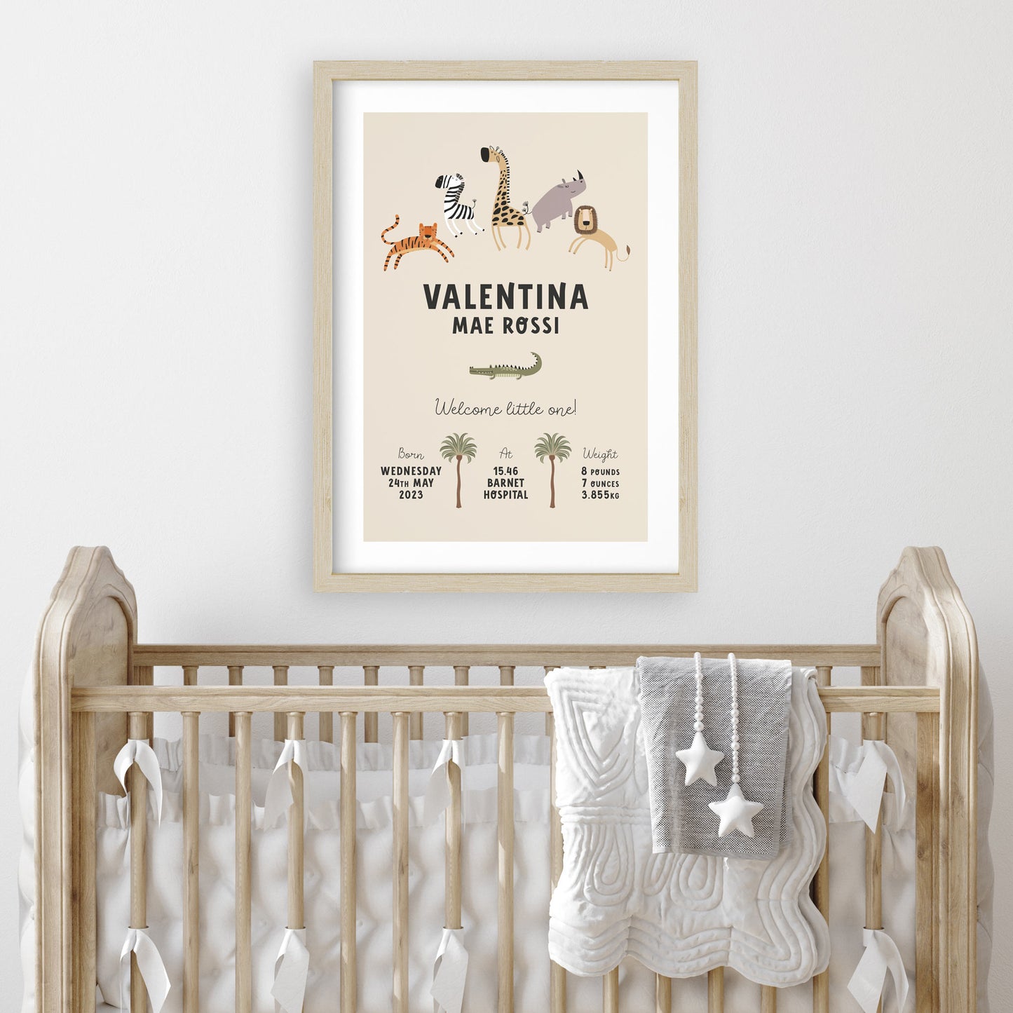 CUTE SAFARI ANIMALS PERSONALISED BIRTH PRINT