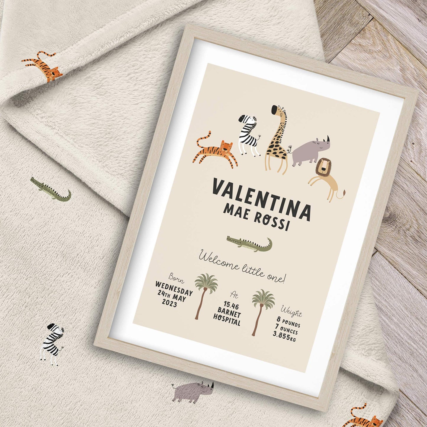 CUTE SAFARI ANIMALS PERSONALISED BIRTH PRINT
