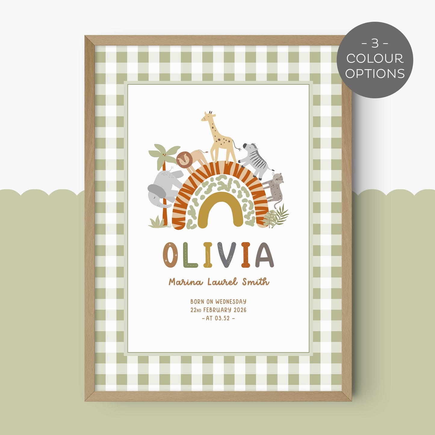 Baby Safari Gingham Personalised Art Print