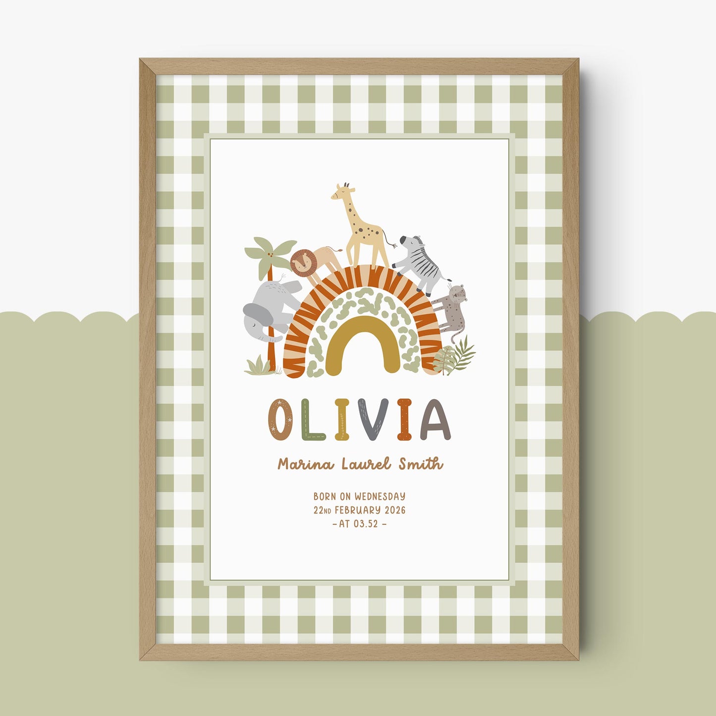 Baby Safari Gingham Personalised Art Print