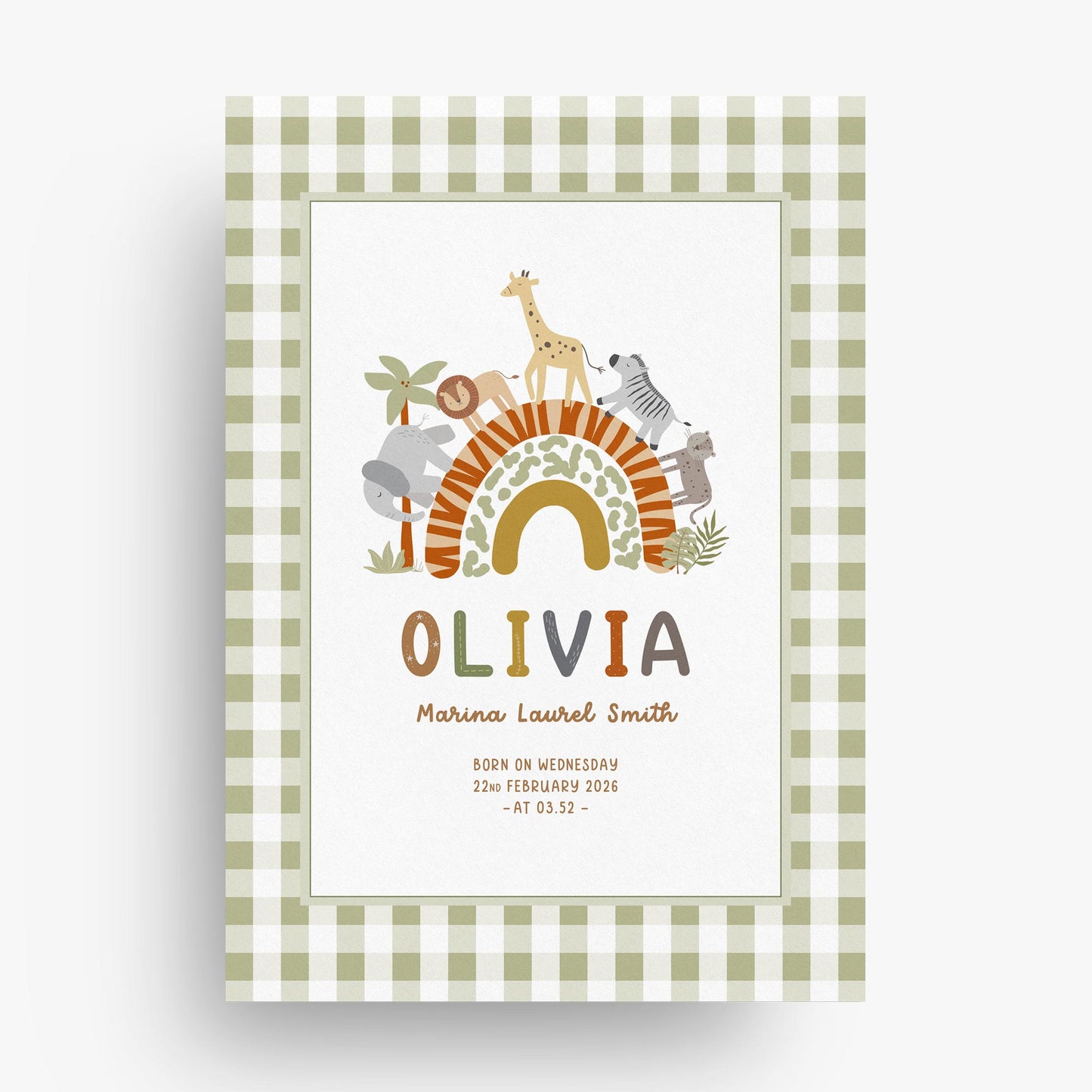 Baby Safari Gingham Personalised Art Print
