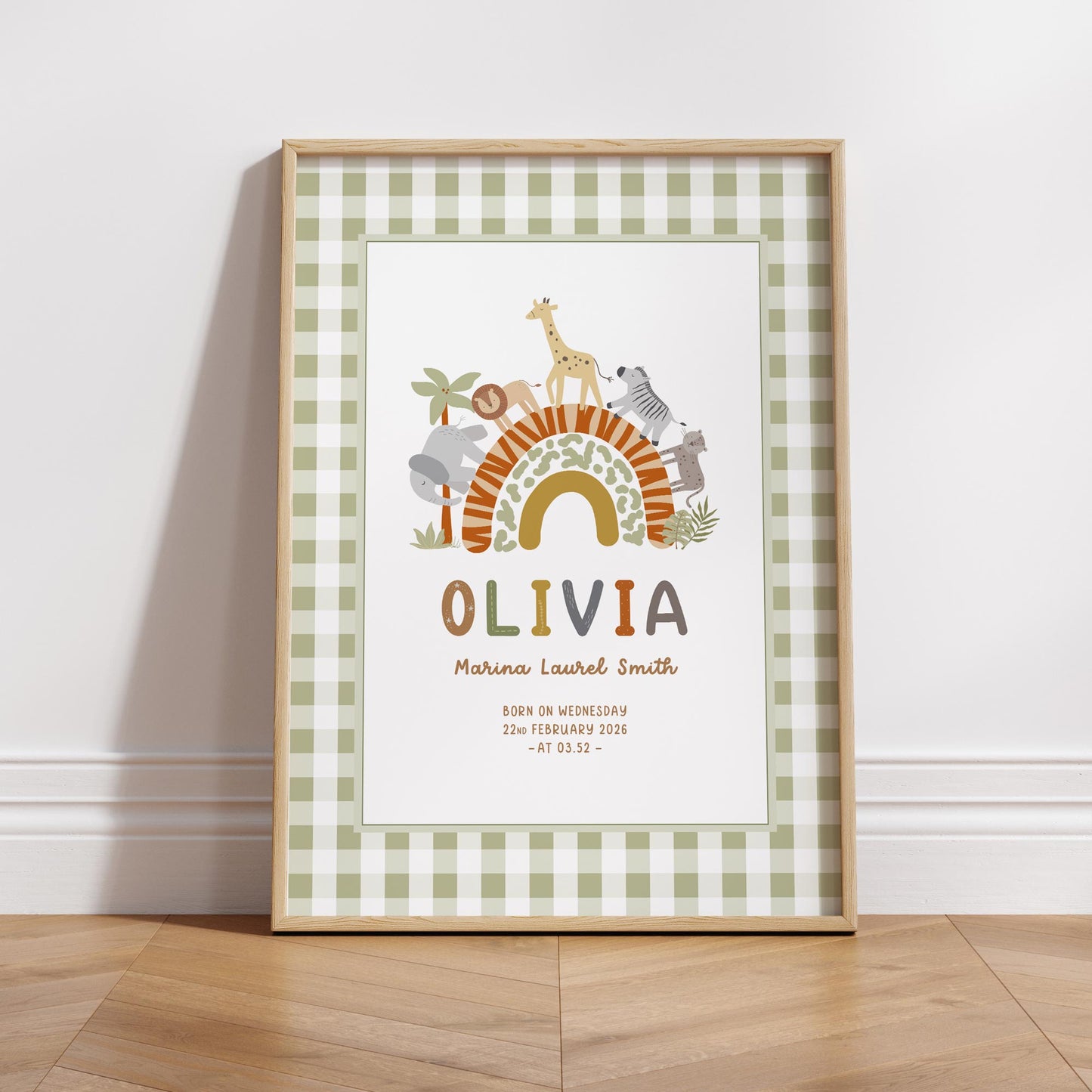 Baby Safari Gingham Personalised Art Print