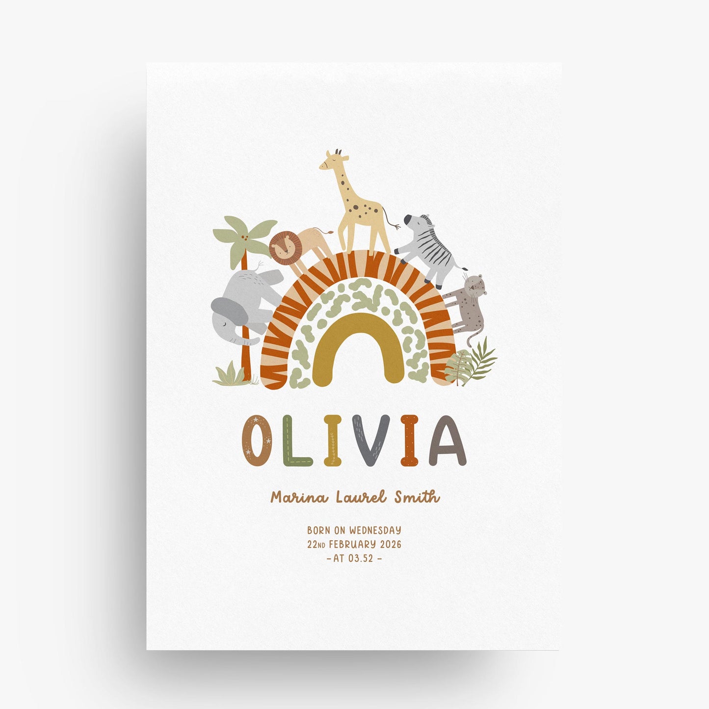 BABY SAFARI PERSONALISED BIRTH DETAILS ART PRINT