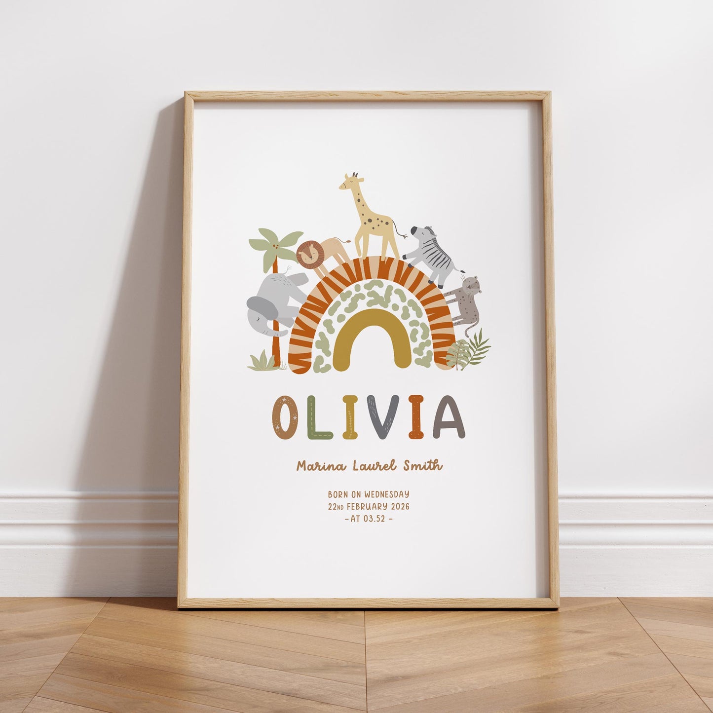 BABY SAFARI PERSONALISED BIRTH DETAILS ART PRINT