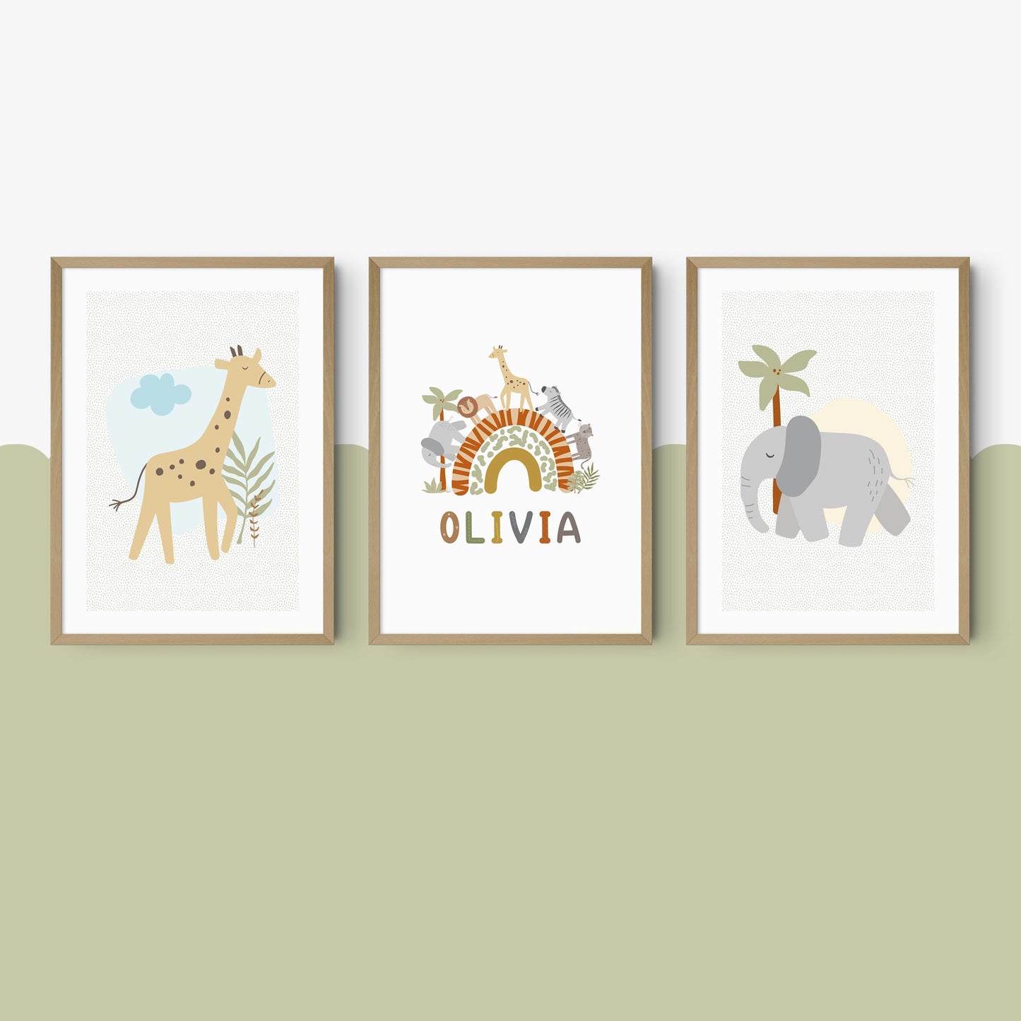 Baby Safari Set of Three Personalised Art Prints