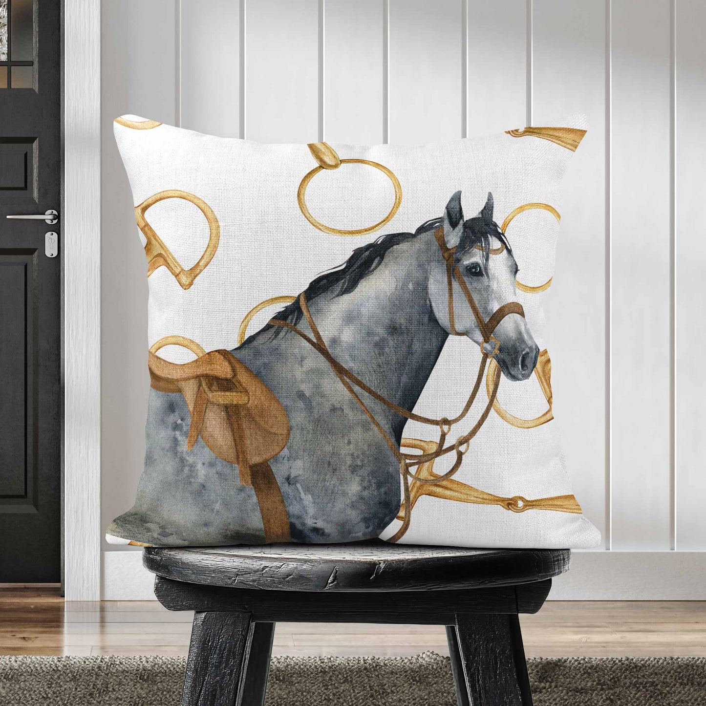 EQUESTRIAN GREY HORSE SCATTER CUSHION - WHITE