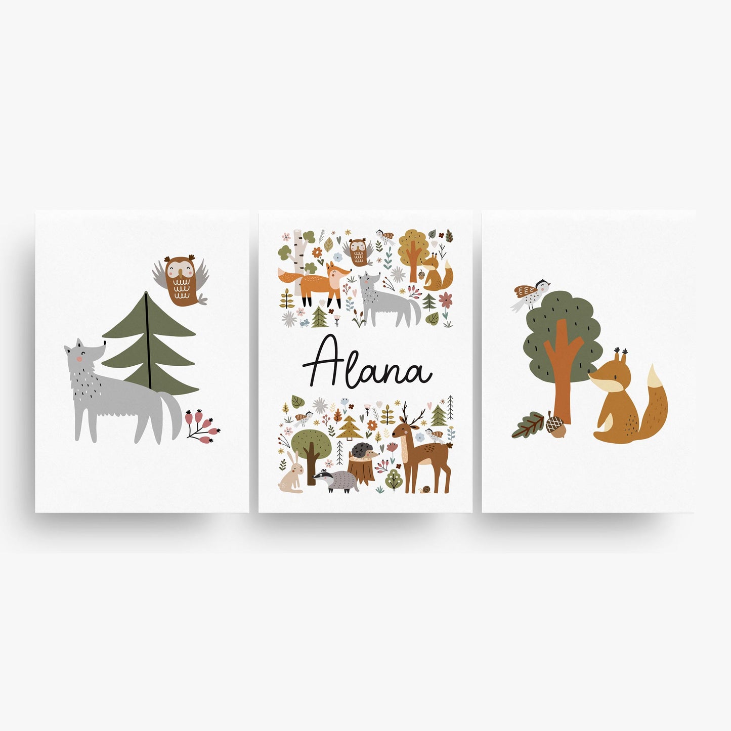 SCANDI FOREST SET OF THREE PERSONALISED ART PRINTS