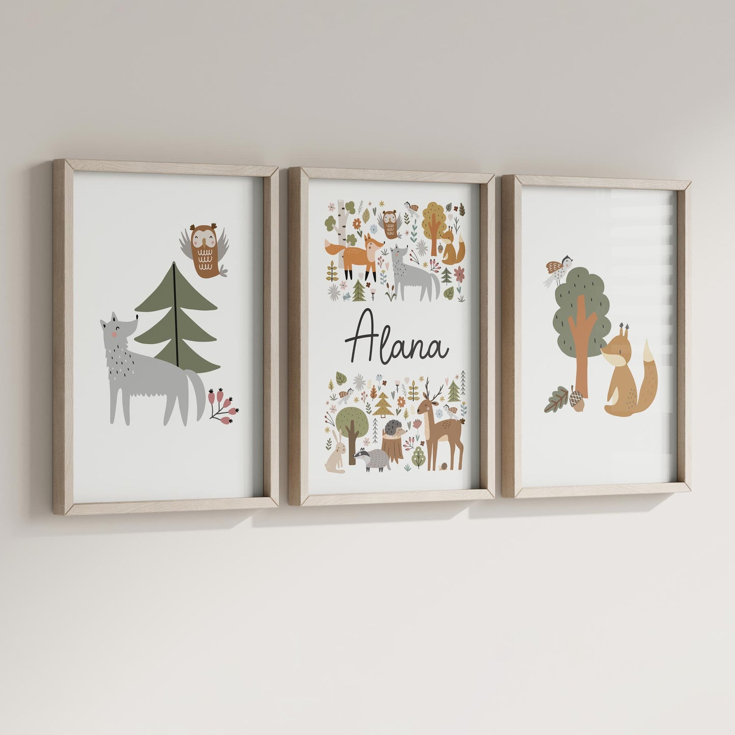 SCANDI FOREST SET OF THREE PERSONALISED ART PRINTS