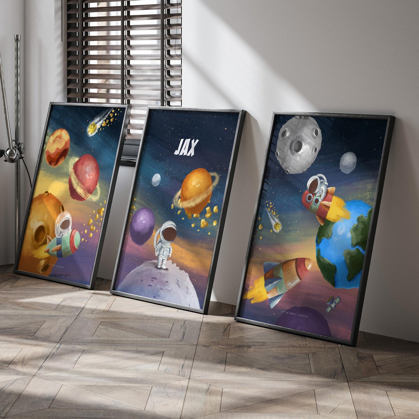 KIDS IN SPACE SET OF THREE PERSONALISED WALL ART
