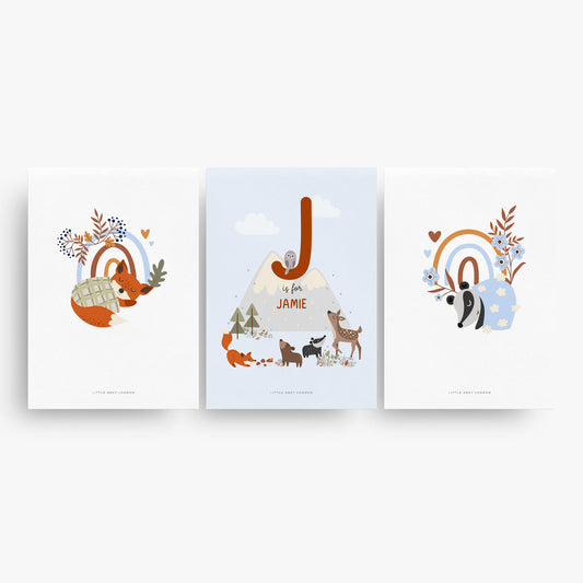 FOREST ANIMALS SET OF THREE PERSONALISED ART PRINTS