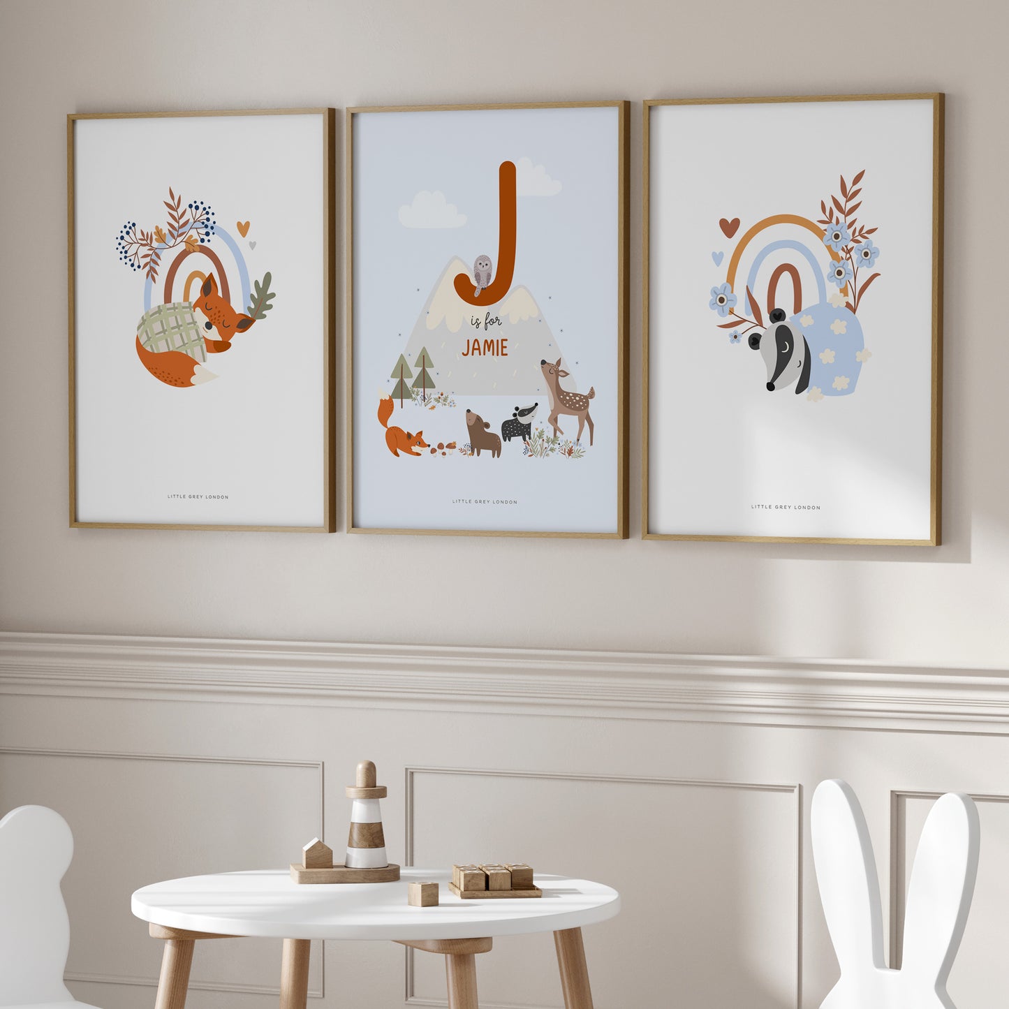 FOREST ANIMALS SET OF THREE PERSONALISED ART PRINTS