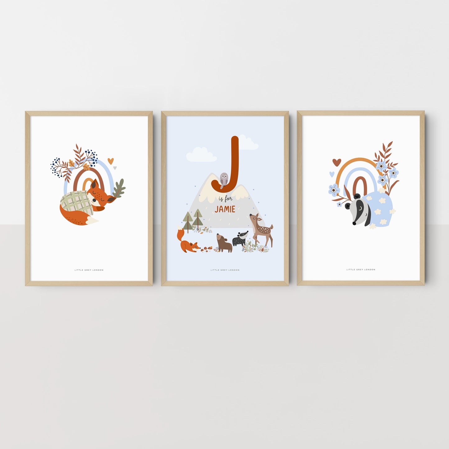 FOREST ANIMALS SET OF THREE PERSONALISED ART PRINTS