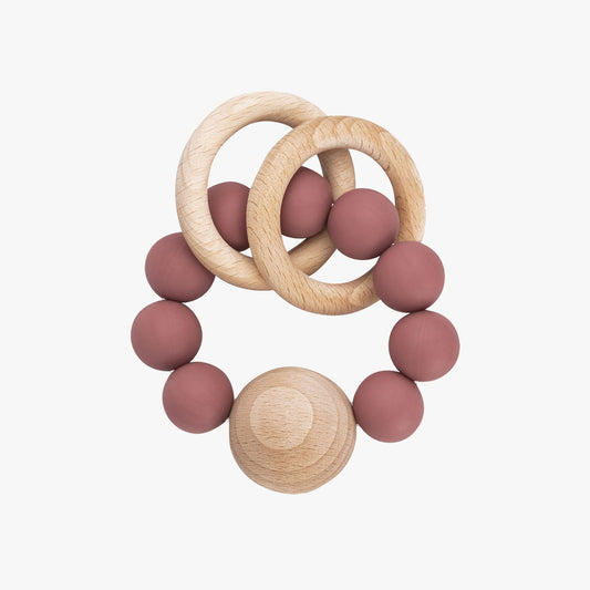 SILICONE AND BEECH WOOD RINGS TEETHER RATTLE – BLUSH
