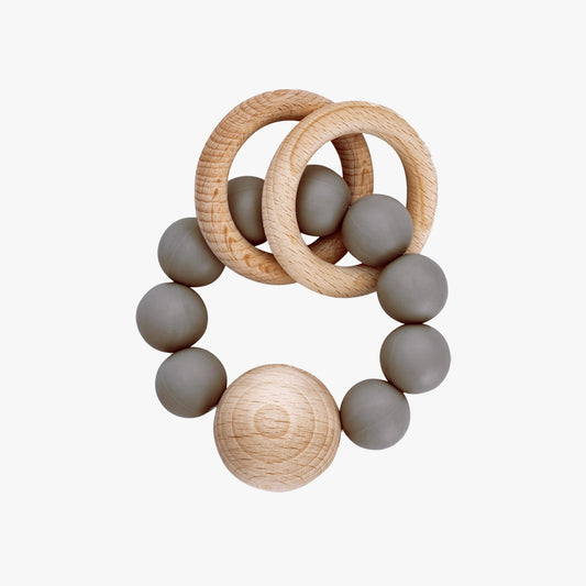 SILICONE AND BEECH WOOD RINGS TEETHER RATTLE – TAUPE